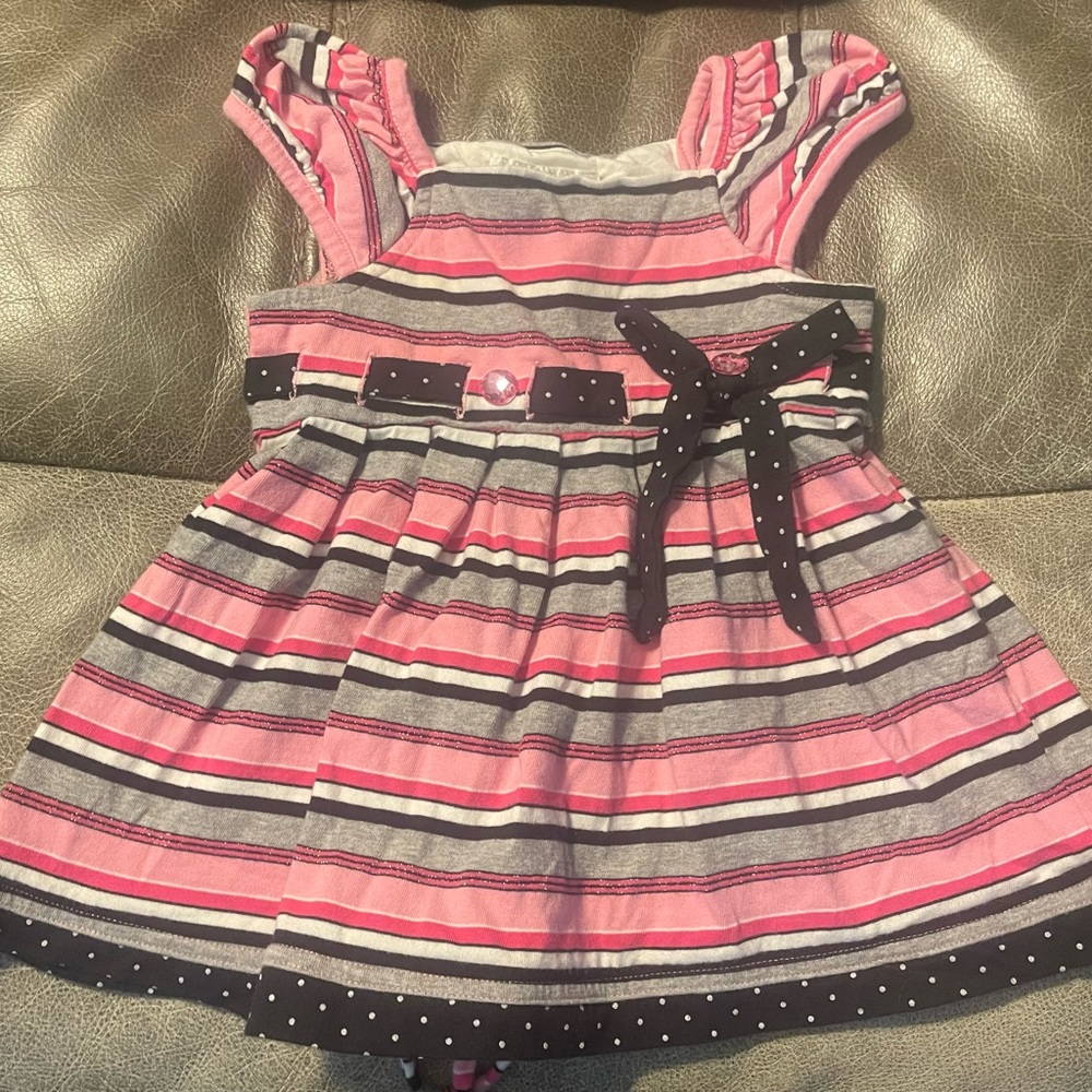 Rare Editions Pink and Black Striped Dress with Polka Dot Bow
